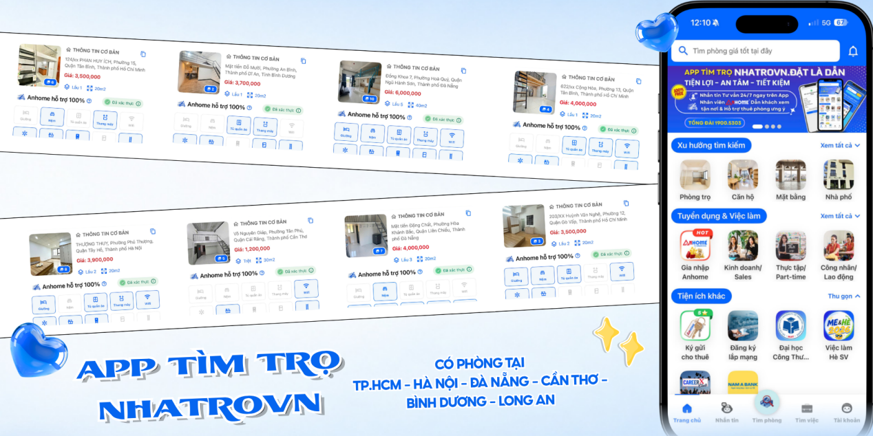 Giao diện App Tìm trọ nhatrovn với đa dạng lựa chọn phòng trọ tại nhiều tỉnh thành trên cả nước.